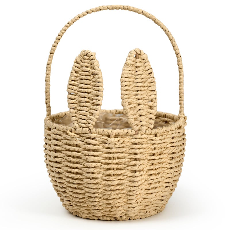 ARQRHTLY Easter Bunny Basket with Handle Handmade Wicker Bunny Ears Picnic Basket Sturdy Rattan Woven Rabbit Storage Container for Easter Gifts Egg Hunt Flower Candy Organizer Spring Party Decor - Image 1