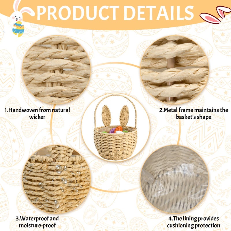 ARQRHTLY Easter Bunny Basket with Handle Handmade Wicker Bunny Ears Picnic Basket Sturdy Rattan Woven Rabbit Storage Container for Easter Gifts Egg Hunt Flower Candy Organizer Spring Party Decor - Image 3