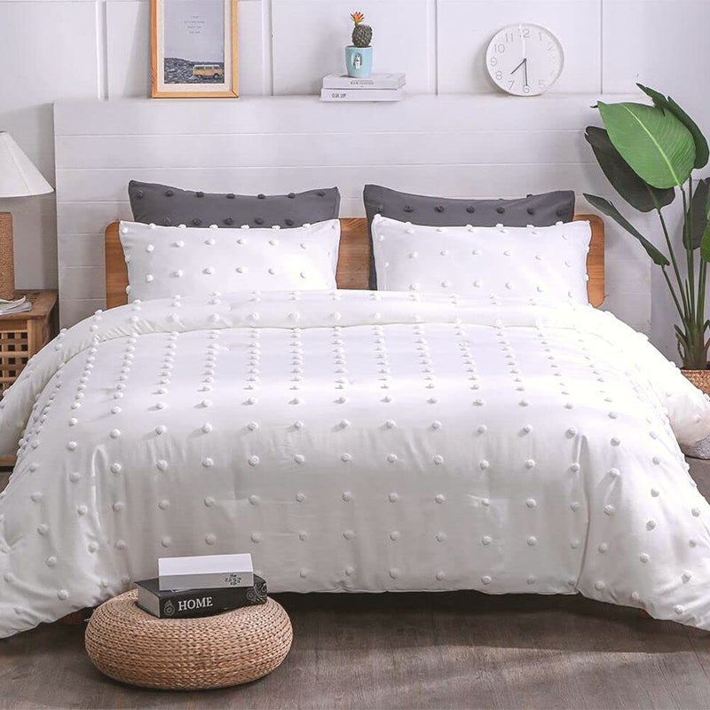 Paxrac Paxrac Tufted White Full Comforter Set 80x90 inches 3 Pieces Soft Cotton Jacquard Lightweight Comforter with 2 Pillowcases Chenille Dots All Season Down Alternative Comforter Set for Bedding 