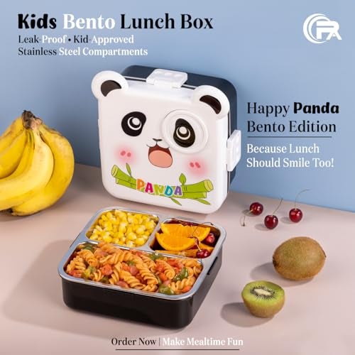 Primalite Kids Panda Theme Stainless Steel Bento Lunch Box for School, 3-Compartment, Sauce Jar & a Spoon, Leak-Proof with Seal Ring Design & Multiple Lock-Design Tiffin, Air-Tight- 1100ML- White - Image 2