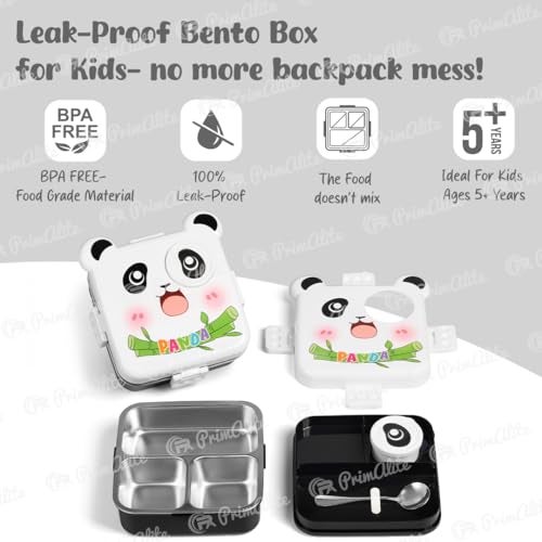 Primalite Kids Panda Theme Stainless Steel Bento Lunch Box for School, 3-Compartment, Sauce Jar & a Spoon, Leak-Proof with Seal Ring Design & Multiple Lock-Design Tiffin, Air-Tight- 1100ML- White - Image 5