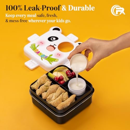Primalite Kids Panda Theme Stainless Steel Bento Lunch Box for School, 3-Compartment, Sauce Jar & a Spoon, Leak-Proof with Seal Ring Design & Multiple Lock-Design Tiffin, Air-Tight- 1100ML- White - Image 4