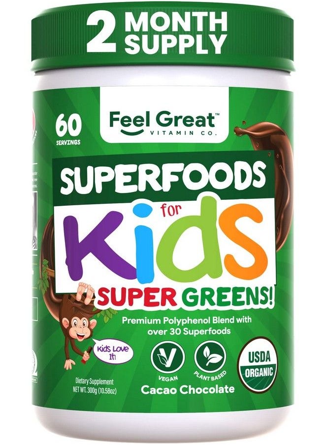 Feel Great 365 - Kids Superfood Greens Cocoa Chocolate Superfood Powder By Feel Great Vitamin Co ; Made With Real Greens Fruits & Vegetables ; Gluten Free ; Contains Enzymes And Probiotics - Image 1