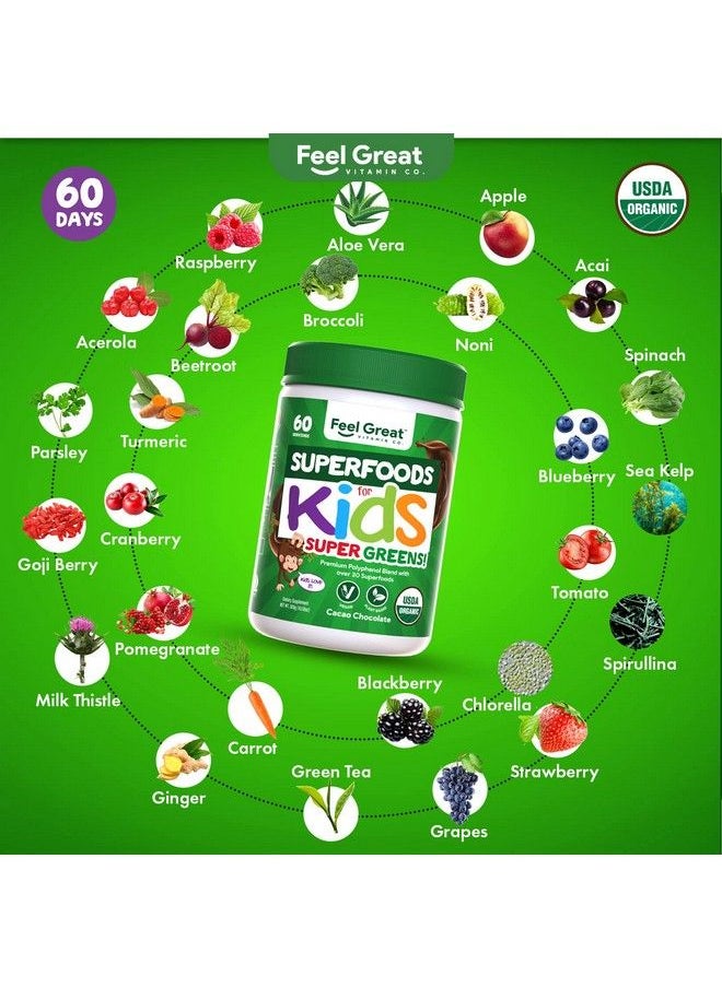 Feel Great 365 - Kids Superfood Greens Cocoa Chocolate Superfood Powder By Feel Great Vitamin Co ; Made With Real Greens Fruits & Vegetables ; Gluten Free ; Contains Enzymes And Probiotics - Image 1