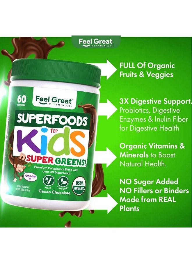 Feel Great 365 - Kids Superfood Greens Cocoa Chocolate Superfood Powder By Feel Great Vitamin Co ; Made With Real Greens Fruits & Vegetables ; Gluten Free ; Contains Enzymes And Probiotics - Image 1