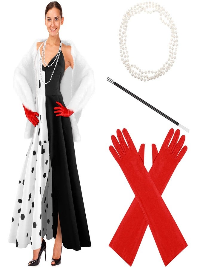 Honoson Dalmatian Halloween Woman Costume Set Black and White Suspender Dress White Shawls Red Gloves Pearl Necklace Handheld(Large) - Image 1