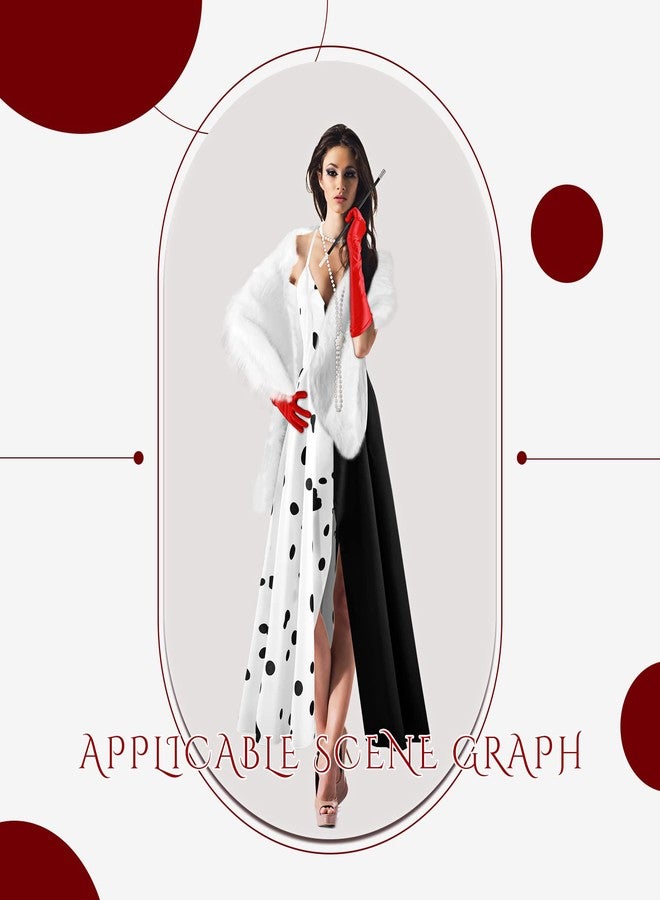 Honoson Dalmatian Halloween Woman Costume Set Black and White Suspender Dress White Shawls Red Gloves Pearl Necklace Handheld(Large) - Image 4