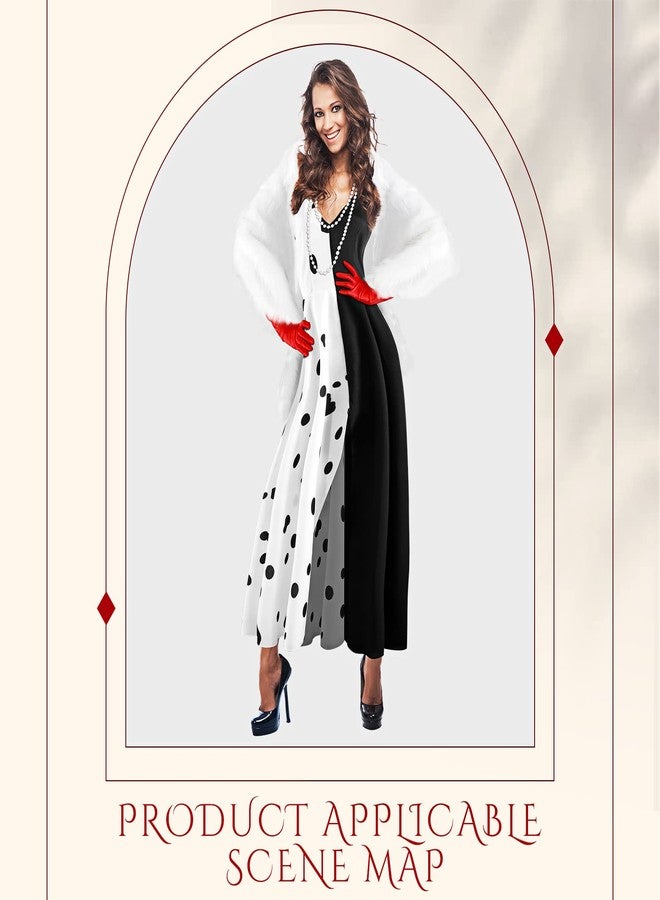 Honoson Dalmatian Halloween Woman Costume Set Black and White Suspender Dress White Shawls Red Gloves Pearl Necklace Handheld(Large) - Image 2