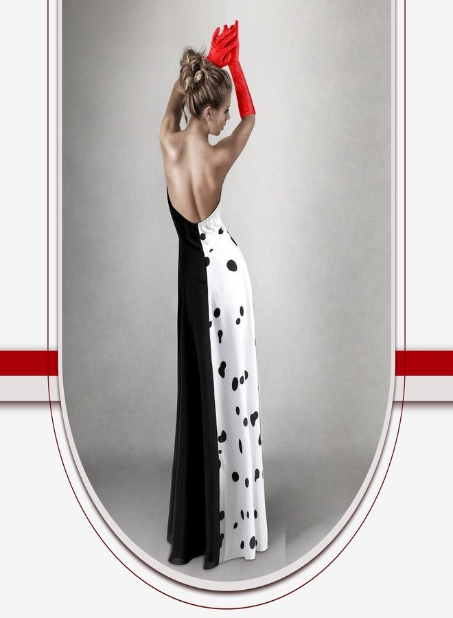 Honoson Dalmatian Halloween Woman Costume Set Black and White Suspender Dress White Shawls Red Gloves Pearl Necklace Handheld(Large) - Image 3