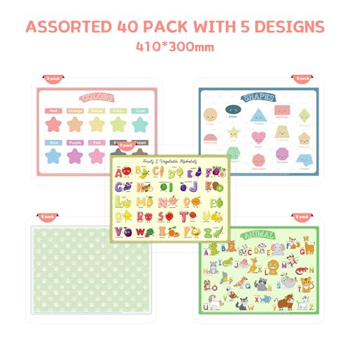 CartaChic Disposable Placemats for Baby & Toddlers – Sticky Table Mats for Restaurants, Dining Table, Preschool & Parties – 5 Fun Designs Animal, Fruit, Alphabet, Star & Shape – 40-Pack, 12x16 Inches - Image 3