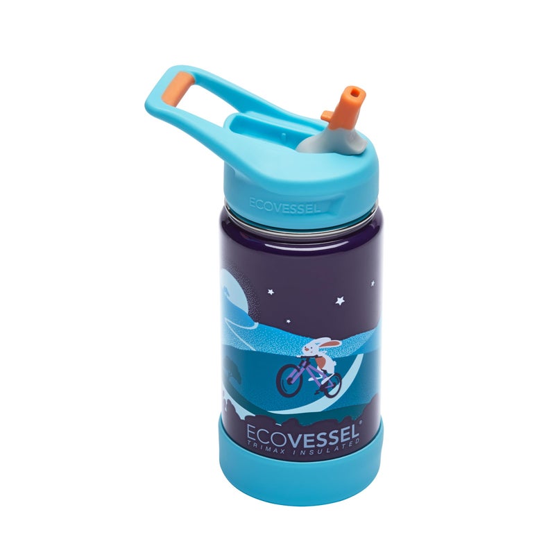 EcoVessel FROST Stainless Steel Kids Water Bottle with Straw Lid Leak Proof Bottle for School with Carry Handle Silicone Base Bumper 12oz Bunnyhop