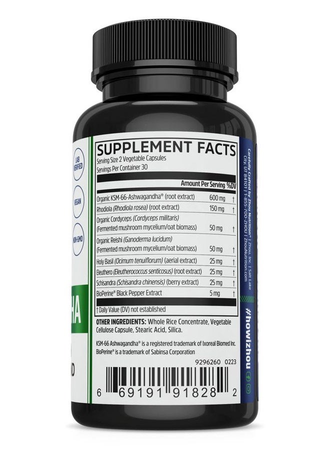 Zhou Nutrition - Zhou Nutrition Ashwagandha Capsules, Blend of Rhodiola, Holy Basil, Cordyceps, Reishi & Ashwagandha Supplement, 30 Servings, 60 Capsules - Image 1