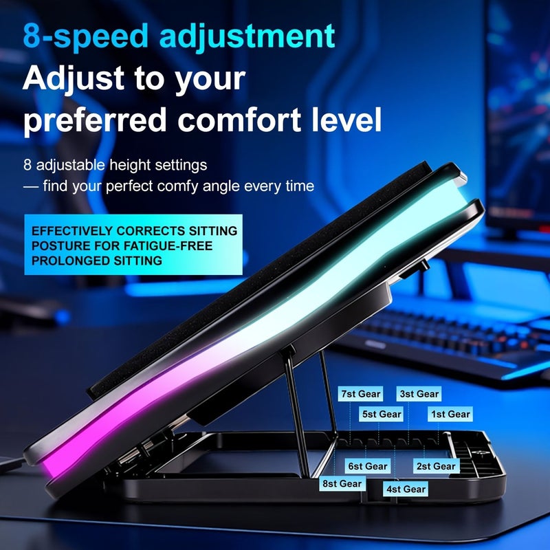 مودي لتبريد أجهزة الكمبيوتر المحمول Nuoxi RGB مع مروحة واحدة، تبريد سريع توربو كبير لمقاس 15.6 و19.3 بوصة، التحكم في السرعة، ارتفاعات قابلة للتعديل المتعددة، حامل هاتف - Image 2