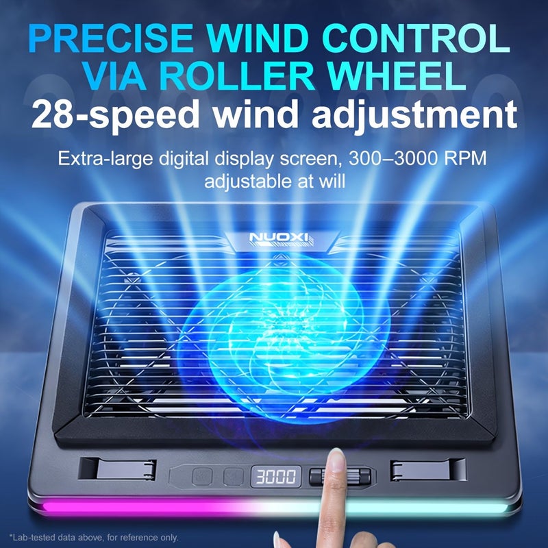 مودي لتبريد أجهزة الكمبيوتر المحمول Nuoxi RGB مع مروحة واحدة، تبريد سريع توربو كبير لمقاس 15.6 و19.3 بوصة، التحكم في السرعة، ارتفاعات قابلة للتعديل المتعددة، حامل هاتف - Image 5