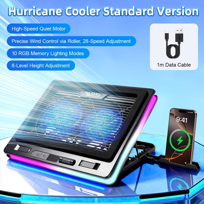مودي لتبريد أجهزة الكمبيوتر المحمول Nuoxi RGB مع مروحة واحدة، تبريد سريع توربو كبير لمقاس 15.6 و19.3 بوصة، التحكم في السرعة، ارتفاعات قابلة للتعديل المتعددة، حامل هاتف - Image 1