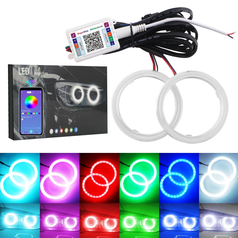 حلقة ملائكية LED Qasim 1 زوج 70 مم 72SMD COB RGB للزينة للدراجات النارية والسيارات ضوء DRL تحذير ضبابي مع غطاء تحكم عبر تطبيق الهاتف المحمول بلوتوث 12 فولت DC