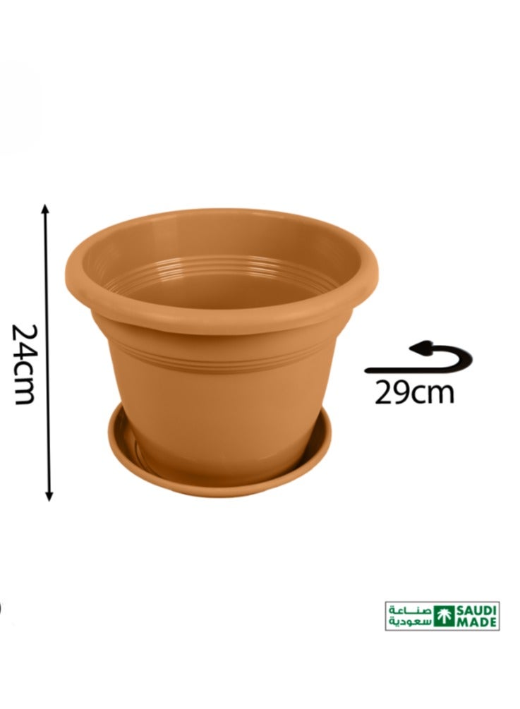بلاستيكنا مركن زرع (أصيص) برواز دائري متين مقاوم لعوامل الطقس مع صينية، لون بني، مقاس 30 - Image 1