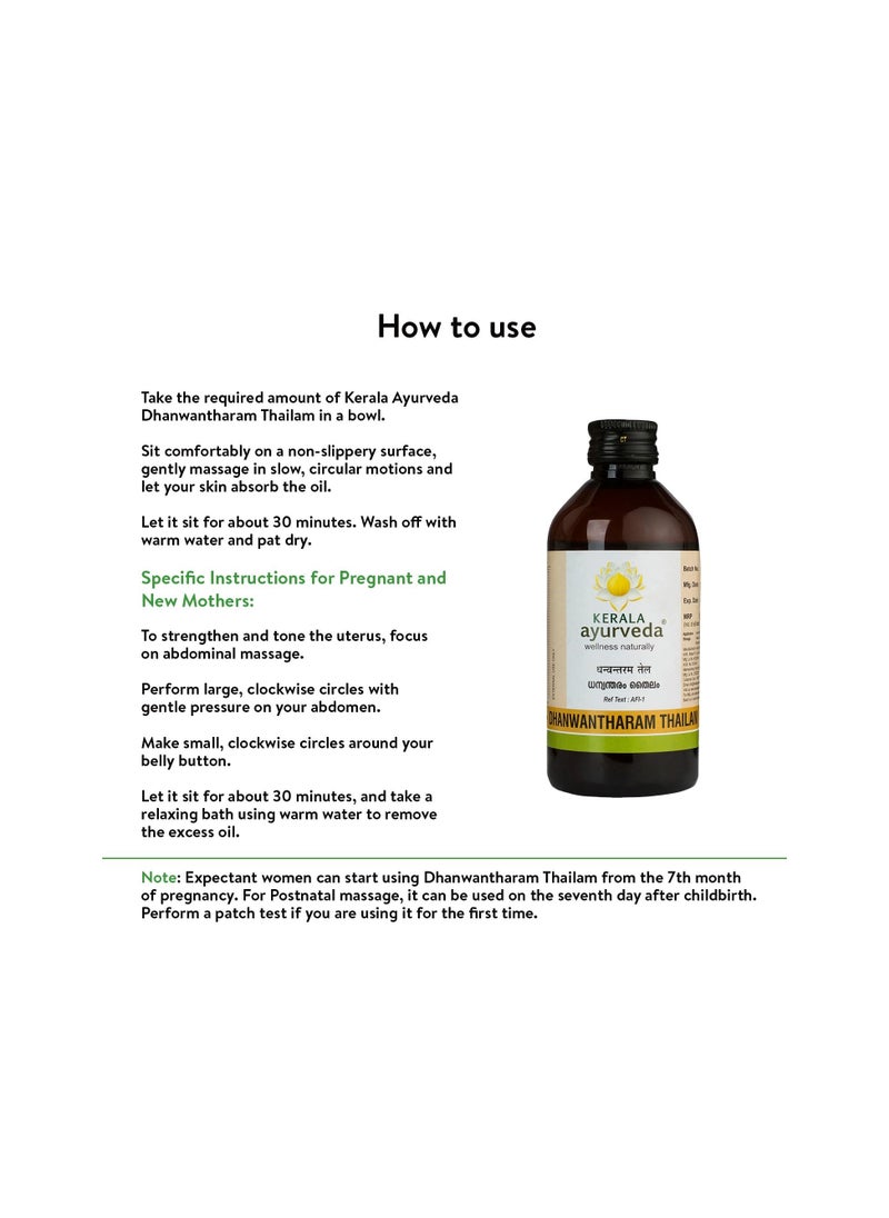 Kerala Ayurveda - Kerala Ayurveda Dhanwantharam Thailam - 200 ml | Ayurvedic Oil for Prenatal & Postnatal Recovery | Ideal for Stretch Marks Removal for Men & Women | Massage Oil for Relaxed Body | Strengthens Muscles - Image 1