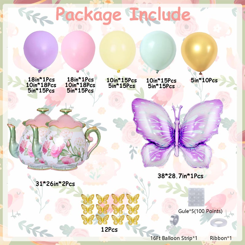 DBKL Tea Party Decorations, 154Pcs Tea Party Balloon Arch Garland Kit with Pastel Pink Yellow Green Balloons Teapot Butterfly Foil Balloon for Girls Birthday Let's Par Tea Spring Garden Party Decorations - Image 3