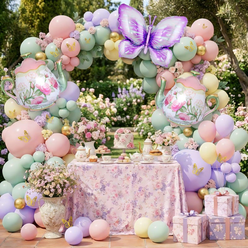 DBKL Tea Party Decorations, 154Pcs Tea Party Balloon Arch Garland Kit with Pastel Pink Yellow Green Balloons Teapot Butterfly Foil Balloon for Girls Birthday Let's Par Tea Spring Garden Party Decorations - Image 2