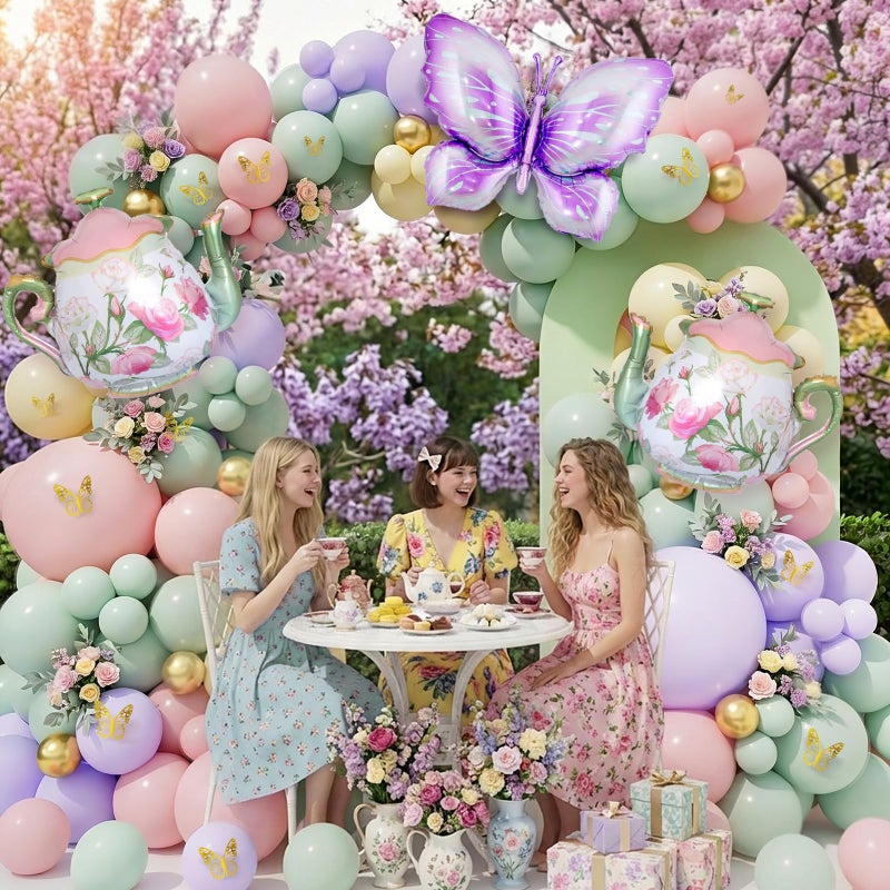 DBKL Tea Party Decorations, 154Pcs Tea Party Balloon Arch Garland Kit with Pastel Pink Yellow Green Balloons Teapot Butterfly Foil Balloon for Girls Birthday Let's Par Tea Spring Garden Party Decorations - Image 5