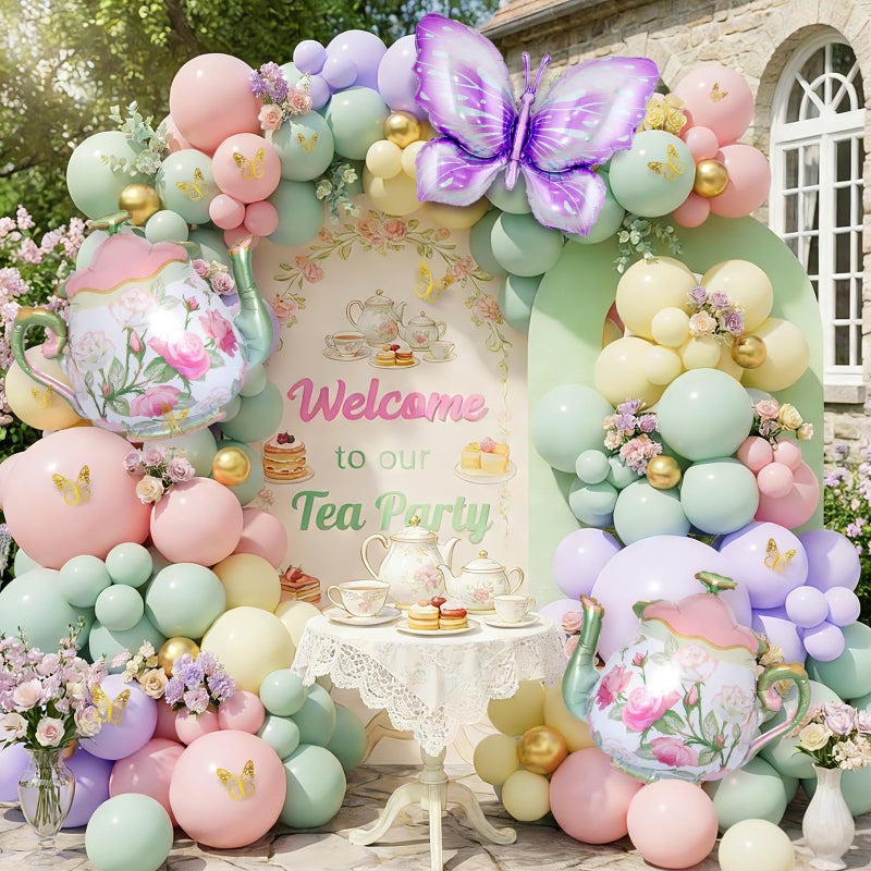 DBKL Tea Party Decorations, 154Pcs Tea Party Balloon Arch Garland Kit with Pastel Pink Yellow Green Balloons Teapot Butterfly Foil Balloon for Girls Birthday Let's Par Tea Spring Garden Party Decorations - Image 4
