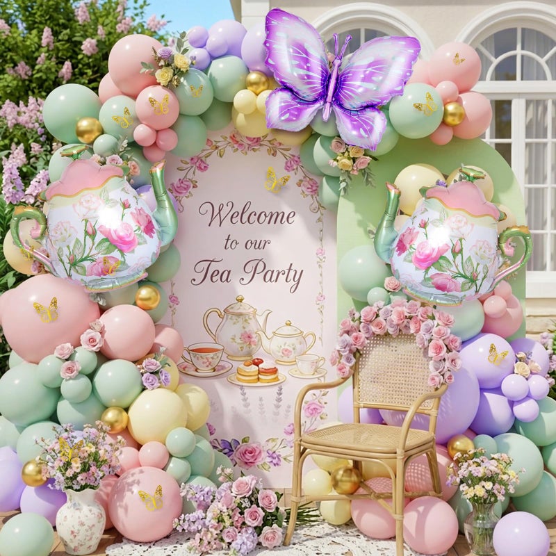 DBKL Tea Party Decorations, 154Pcs Tea Party Balloon Arch Garland Kit with Pastel Pink Yellow Green Balloons Teapot Butterfly Foil Balloon for Girls Birthday Let's Par Tea Spring Garden Party Decorations - Image 1