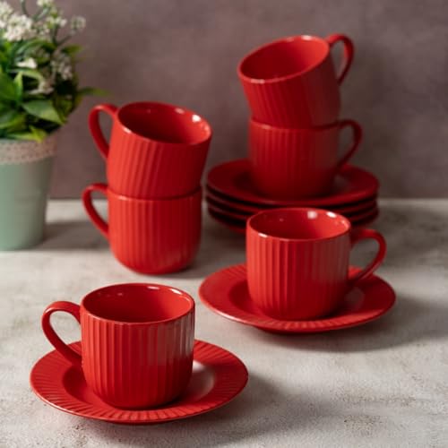 Clay Craft Fine Ceramic Linea Red Cups & Saucer, Set of 12, Cups for Tea & Coffee, Gift Set, Elegant Design for Home and Kitchen and Can Be Gifted to Your Loved Ones On Any Occassions - Image 1