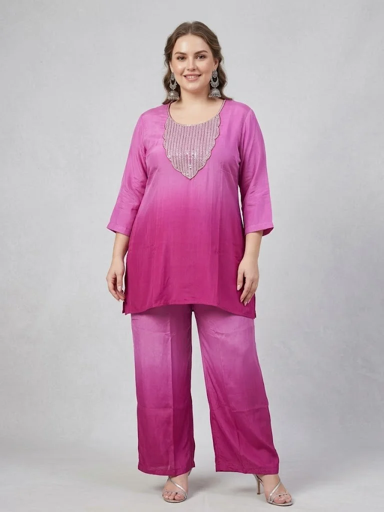 VINY Magenta Ombre Embellished Top & Palazzo Set – Plus Size Women's Indian Ethnic Wear