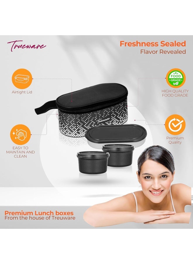 Trueware Omaga Lunch Box with Insulated Fabric Jacket, 2 Microwave Safe & Leak Proof Inner Stainless Steel Containers 400ml Each & 1 Plastic Oval Chappathi container with spoon & fork - Image 2