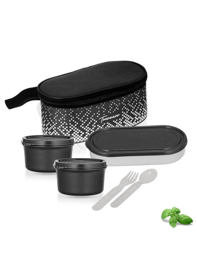 Trueware Omaga Lunch Box with Insulated Fabric Jacket, 2 Microwave Safe & Leak Proof Inner Stainless Steel Containers 400ml Each & 1 Plastic Oval Chappathi container with spoon & fork - Image 1
