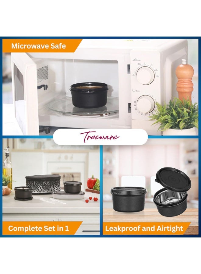 Trueware Omaga Lunch Box with Insulated Fabric Jacket, 2 Microwave Safe & Leak Proof Inner Stainless Steel Containers 400ml Each & 1 Plastic Oval Chappathi container with spoon & fork - Image 4