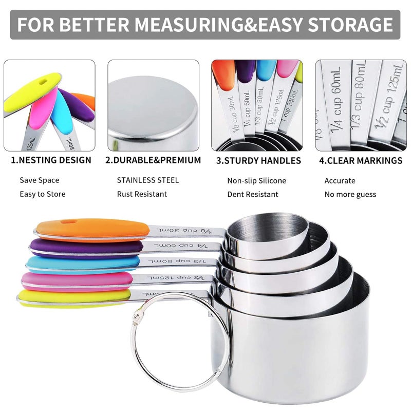 TILUCK measuring cups and magnetic measuring spoons set, stainless steel measuring cups, 6 double-sided stainless steel measuring spoons & 1 leveler (5+7) - Image 4