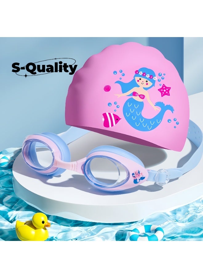 S-Quality Kids Swimming Goggles Set with Mermaid Print Silicone Cap - Anti-fog and Comfortable to Wear - Image 1