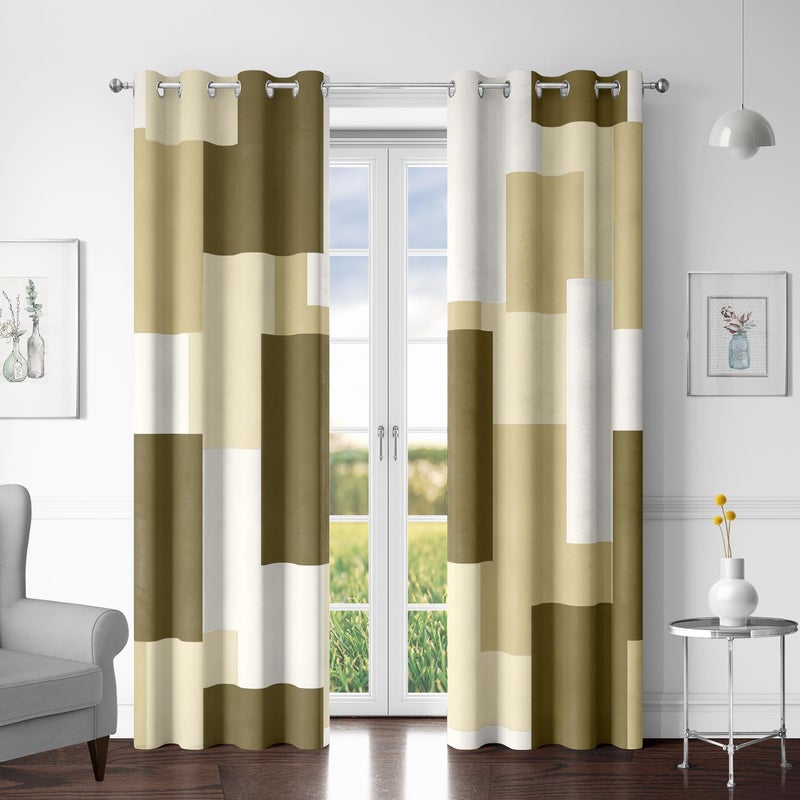 Tyrot Beige 100% Blackout Curtains for Bedroom 63 inch Long 2 Panels Set White Beige Modern Abstract Geometric Black Out Curtains Insulated Room Darkening Window Drapes for Living Room, 52Wx63L - Image 1