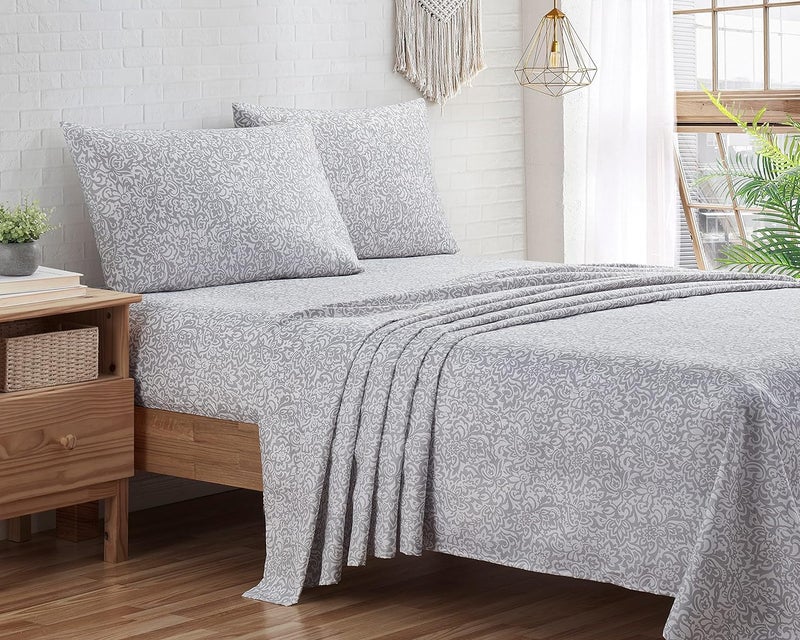 Indigo Ink Indigo Ink - Full Size Sheet Set  4-Piece Boho Floral Damask Patterned Bedding  Soft & Wrinkle Resistant (Tufted Medallion Collection  Grey)  - Image 1
