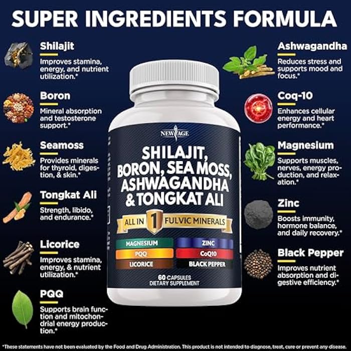 New Age Shilajit Supplement with Sea Moss, Ashwagandha, Tongkat Ali, Boron, Magnesium - Fulvic Acid Capsules - 120 Count - Image 2