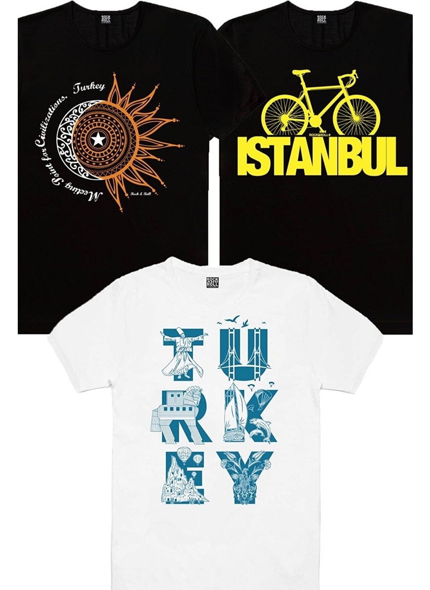 Rock&Roll Turkish Crescent Star Black, Turkey Letters White, Istanbul Bicycle Black Women's 3-Piece Eco Pack T-Shirt  - Image 1