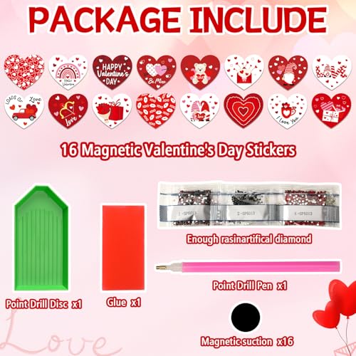 JULMELON 16pcs Valentine Heart Diamond Art Magnet Kits, Diamond Art Magnets for Valentine's Day Crafts 7cm Acrylic Painting Fridge Magnets for Adults Decor - Image 4