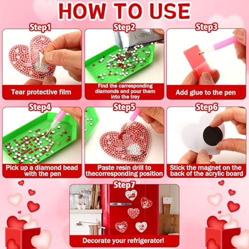 JULMELON 16pcs Valentine Heart Diamond Art Magnet Kits, Diamond Art Magnets for Valentine's Day Crafts 7cm Acrylic Painting Fridge Magnets for Adults Decor - Image 5