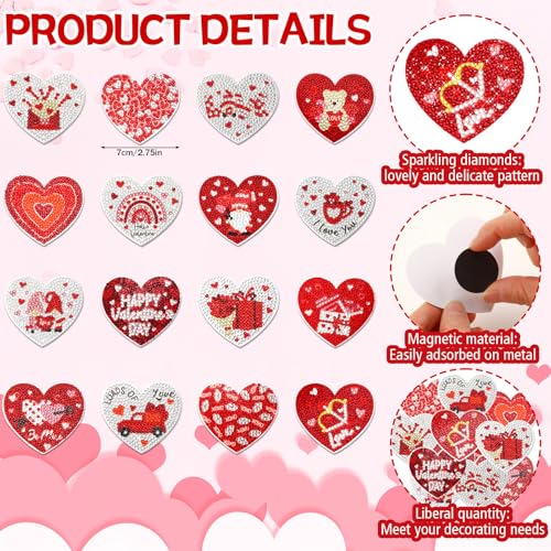 JULMELON 16pcs Valentine Heart Diamond Art Magnet Kits, Diamond Art Magnets for Valentine's Day Crafts 7cm Acrylic Painting Fridge Magnets for Adults Decor - Image 3