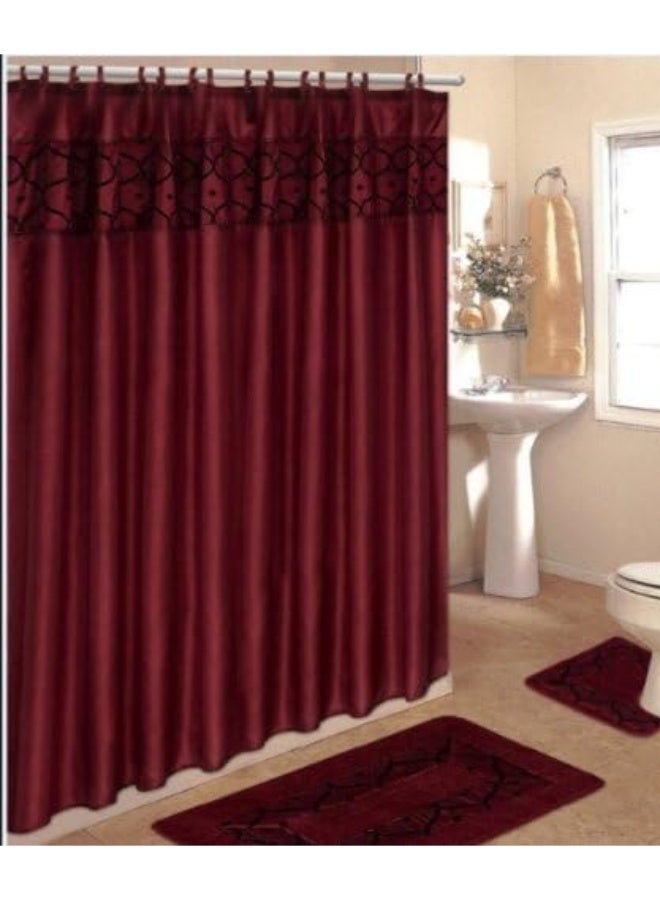 4 Piece Bathroom Rug Set/ 2 Piece Burgundy Flocking Bath Rugs with Fabric Shower Curtain and Matching Mat/Rings