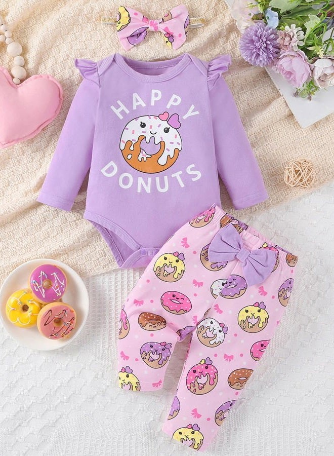 Fullfamous Baby Girl's 3pc Frill Long Sleeve Romper and Pant Set, Purple Donut, 0-3 Months - Image 2