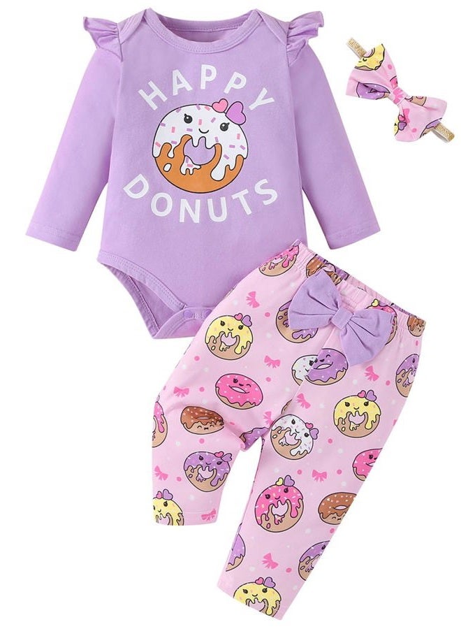 Fullfamous Baby Girl's 3pc Frill Long Sleeve Romper and Pant Set, Purple Donut, 0-3 Months - Image 1