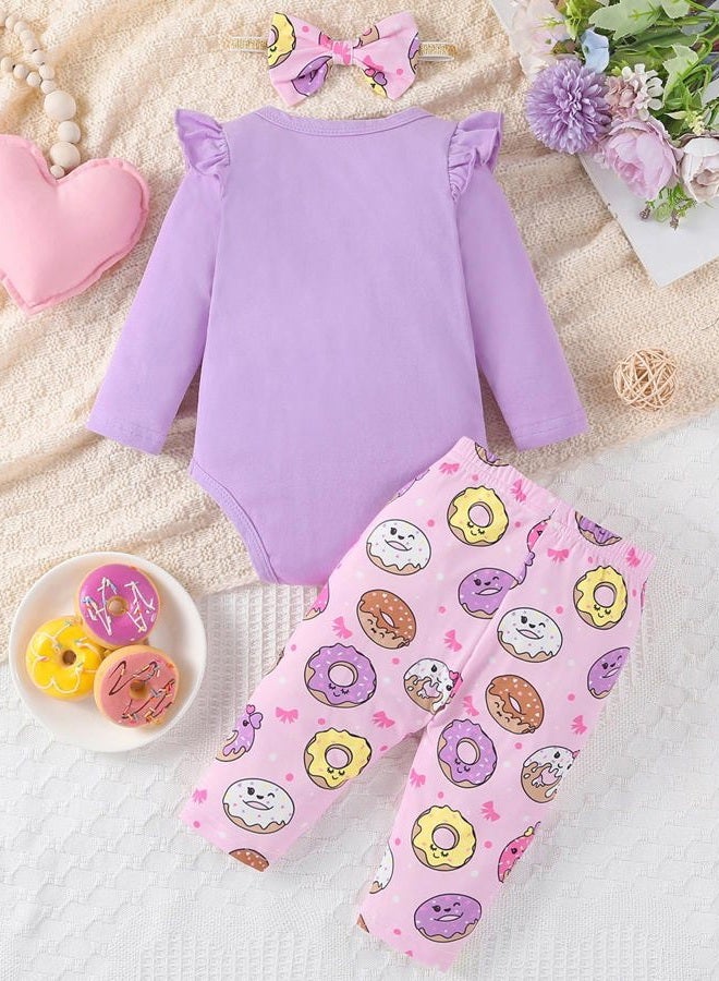 Fullfamous Baby Girl's 3pc Frill Long Sleeve Romper and Pant Set, Purple Donut, 0-3 Months - Image 3
