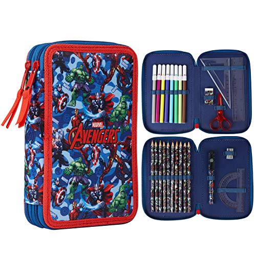 Marvel Pencil Case with Stationery Included School Supplies Filled Large Pencil Case Multiple Compartments Colouring Pencils Pens Boys Stationery Set Gifts for Boys (Avengers Blue/Red) - Image 1