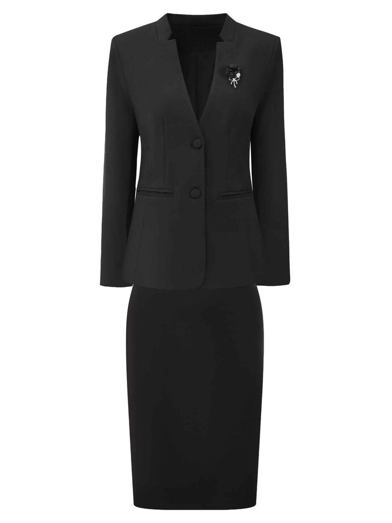 Hobemty Women's Skirt Suit Set 2 Piece Outfit Business Work Blazers and Pencil Skirts with Brooch Pin Large Black - Image 1