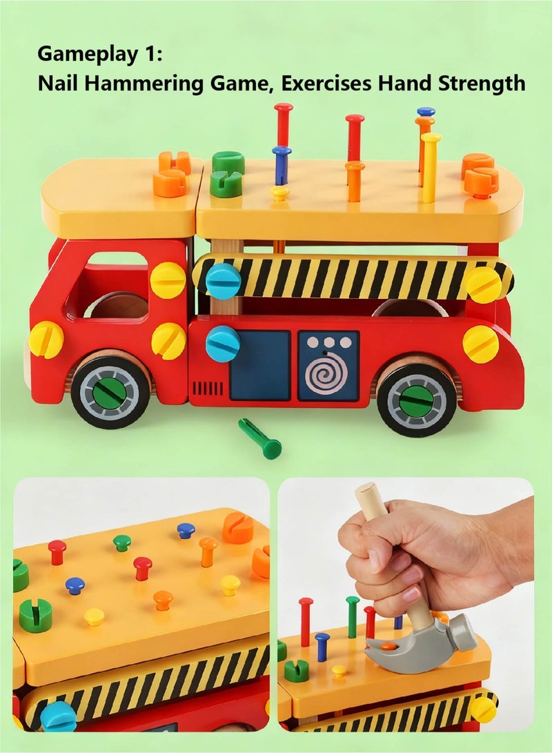 Montessori Fire Truck Toys for Kids 1-9 | Wooden Screwdriver & Bolt Building Set - DIY Engineering Vehicle Playset for Little Fireman Enthusiasts - Image 2