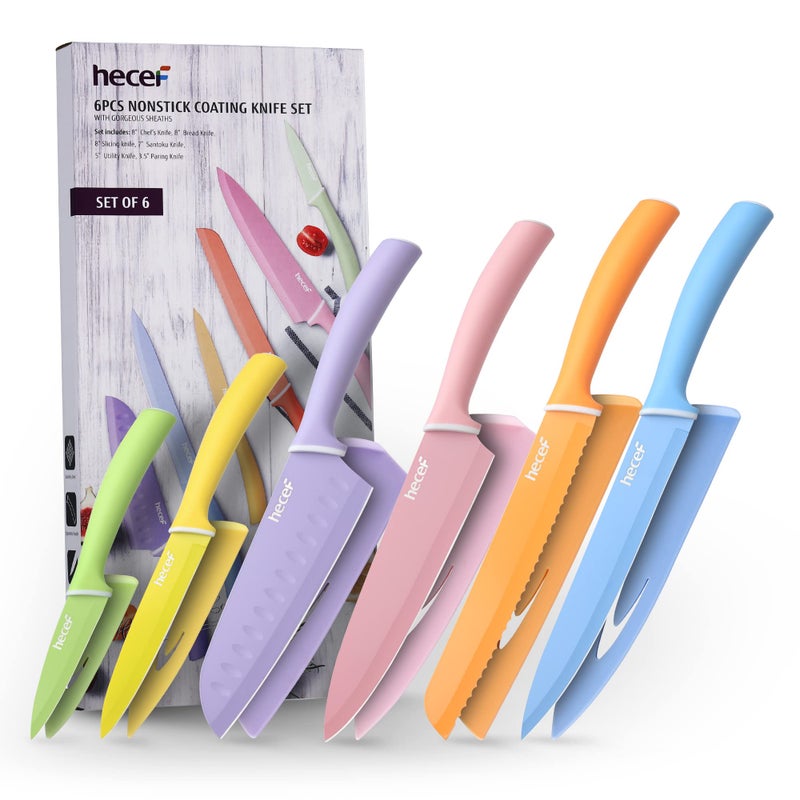 hecef Colorful Knife Set, 6 Pieces with Covers, Dishwasher Safe, Stainless Steel Colour Coded Non-Stick Cooking Knives Including Paring, Utility, Bread, Carving - Image 1