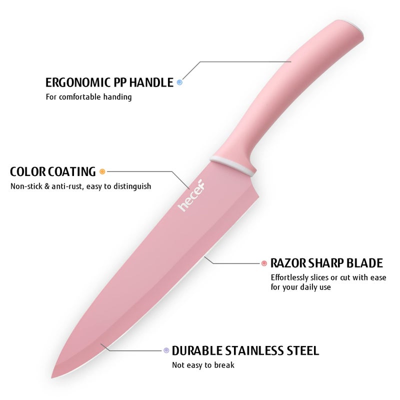 hecef Colorful Knife Set, 6 Pieces with Covers, Dishwasher Safe, Stainless Steel Colour Coded Non-Stick Cooking Knives Including Paring, Utility, Bread, Carving - Image 3